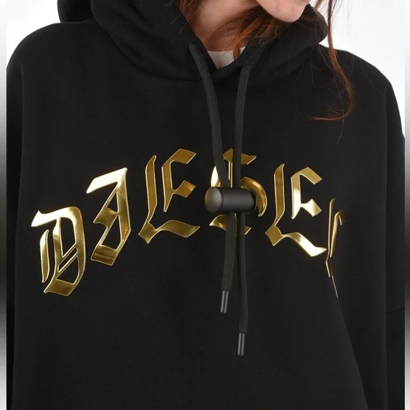 DIESEL Hooded  D-OXI-A1 Sweater Dress Size Small  Black With Bold Gold Logo NWT! - Picture 5 of 14